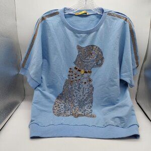 Womens Blouse Blue Cold Should Rhinestones Cheetah Design Size XL READ